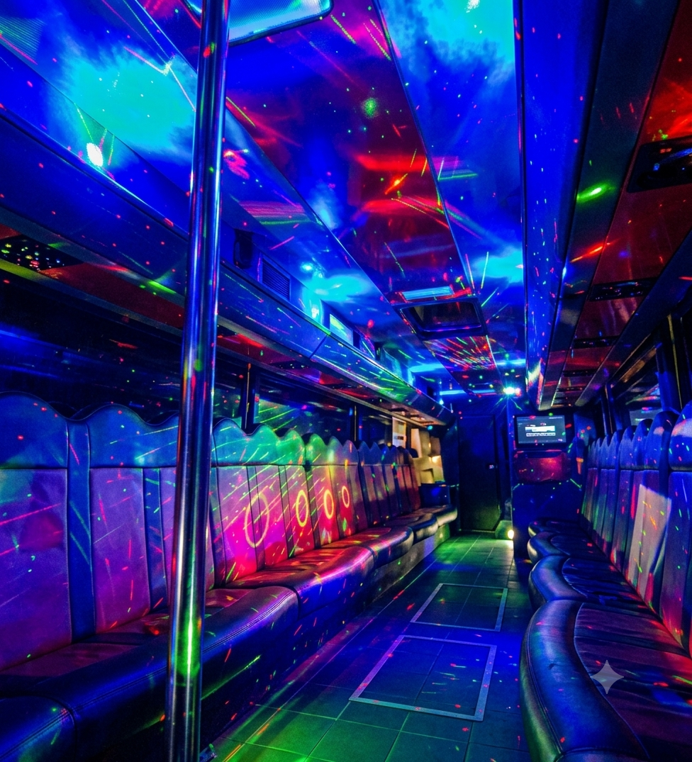 Party bus interior lit with laser lighting during a stag run to Kilkenny